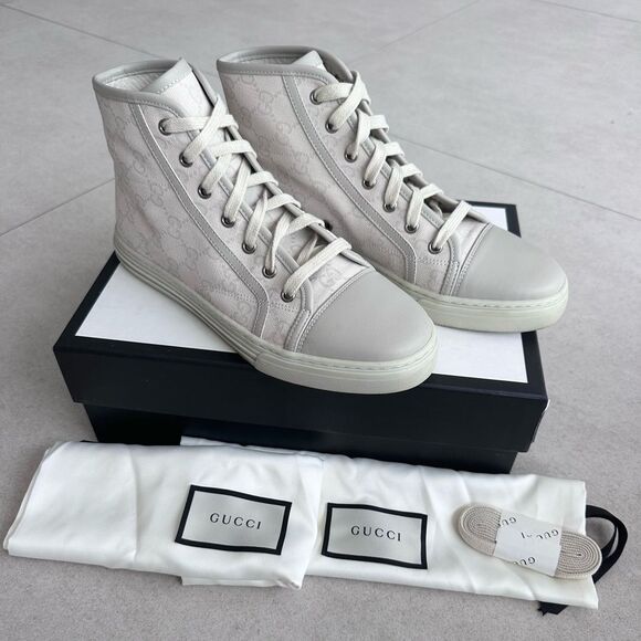 Gucci High Top GG Monogram Sneakers White Canvas Leather Toe Tennis EU 38 US 8 - Picture 1 of 10